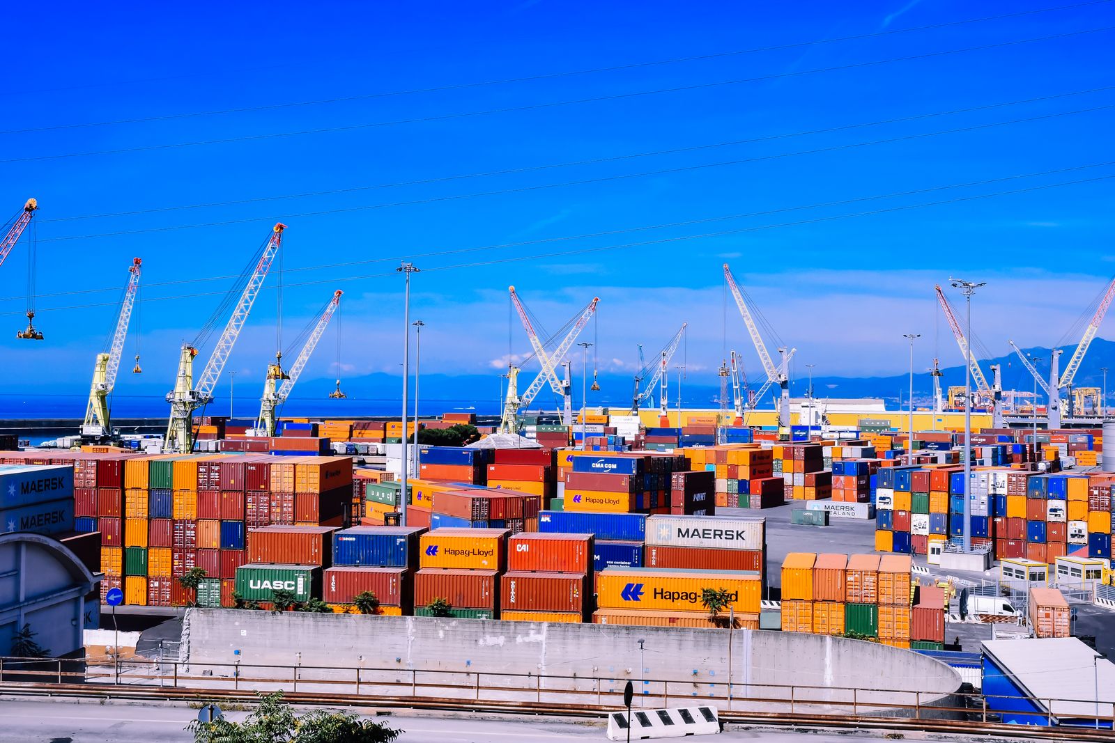 Konteynerler ve yükleme vinçleriyle uluslararası ticaret limanı